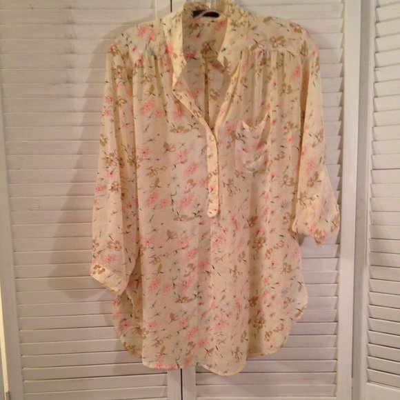 Xtaren Sheer Yellow Floral Tunic Cover-Up Blouse - Picture 7 of 11